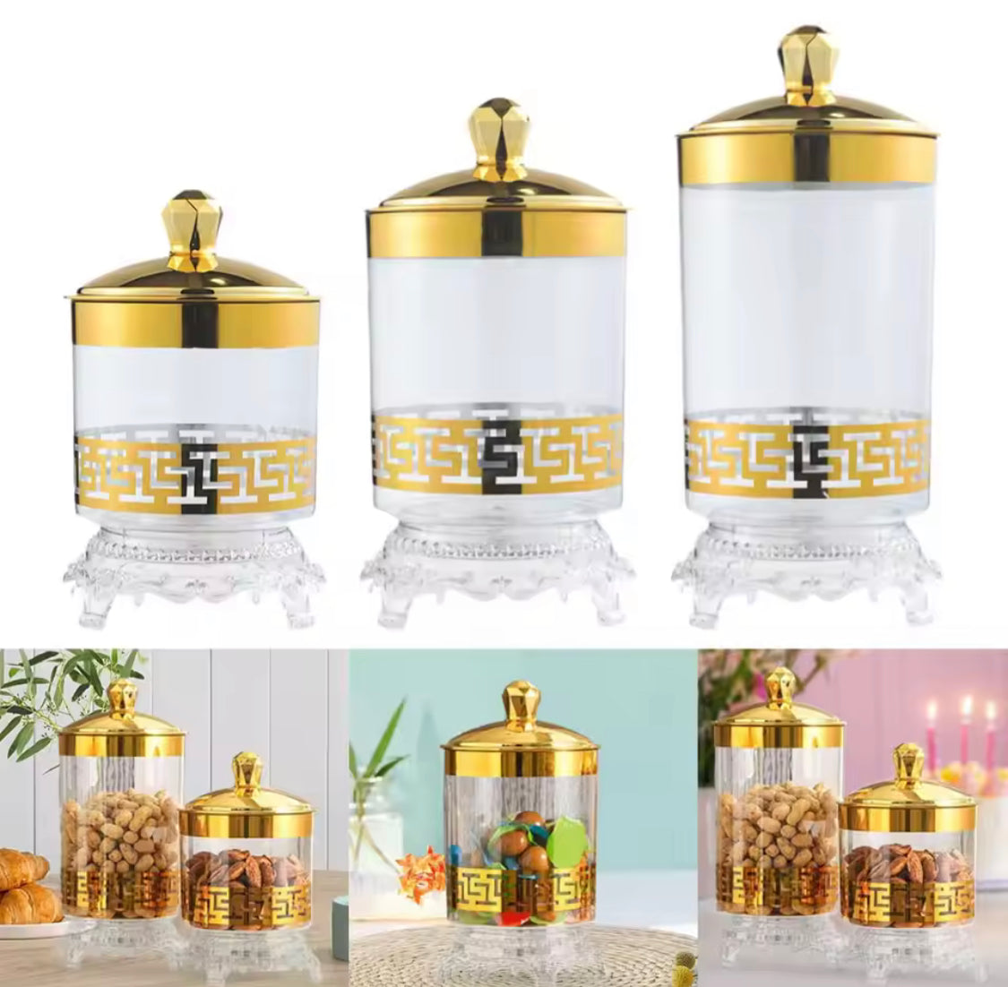 Set of 3 Candy Jar With Lid, Transparent Dry Food Storage Container, Tea Party Serving Jar, Cookie Jar Set of 3 Candy Jar With Lid, Transparent Dry Food Storage Container, Tea Party Serving Jar, Cookie Jar